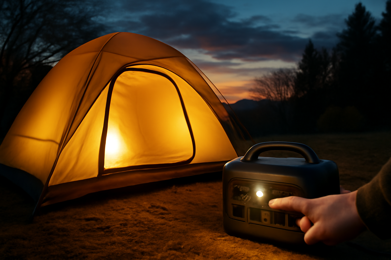 ポータブル電源活用で次のアクションへ進むイメージ、夕暮れのテント前で予約や準備をうながす親しみある風景写真。