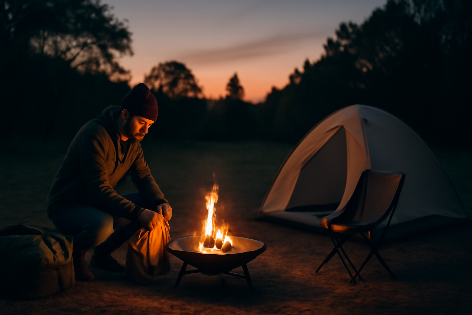 ファイアーディスクでの焚き火テストに出かける準備風景を夕暮れのキャンプ場で撮影した写真、落ち着いた色調で