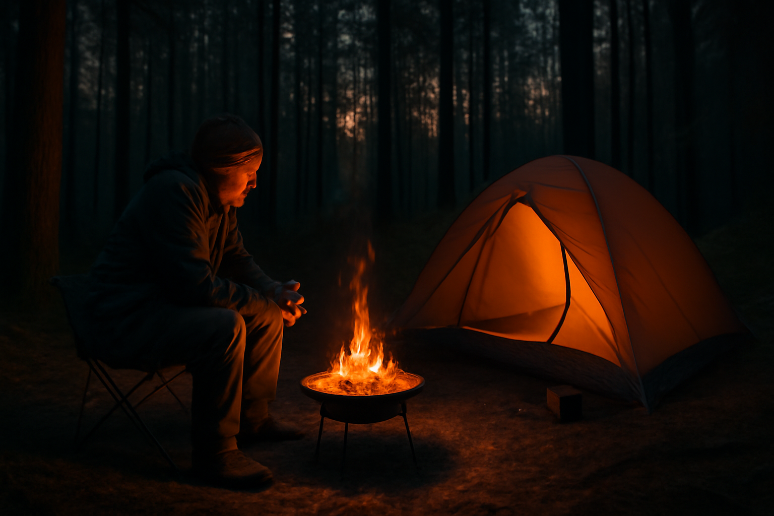 ファイアーディスク：夕暮れの森で小さな焚き火台を囲むソロキャンプの情景。安全と準備を促す雰囲気を表現。