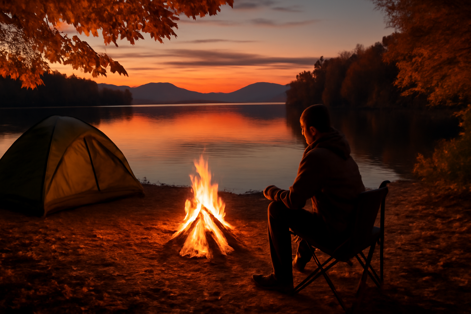ソロキャンプ 夕暮れの湖畔で焚き火を囲み、次の一歩を踏み出す気持ちを表した情景の説明文です。