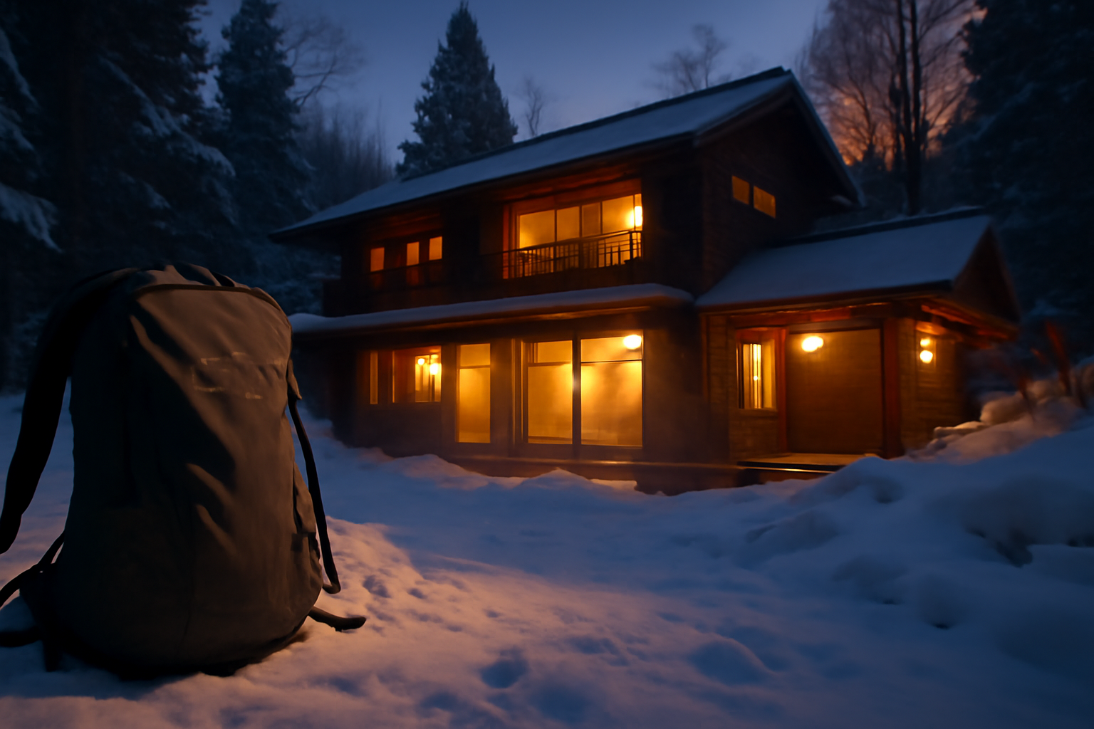 アークテリクスのリュックが温泉宿前に置かれ、冬の夕暮れと雪を背景にした実写的な横長写真