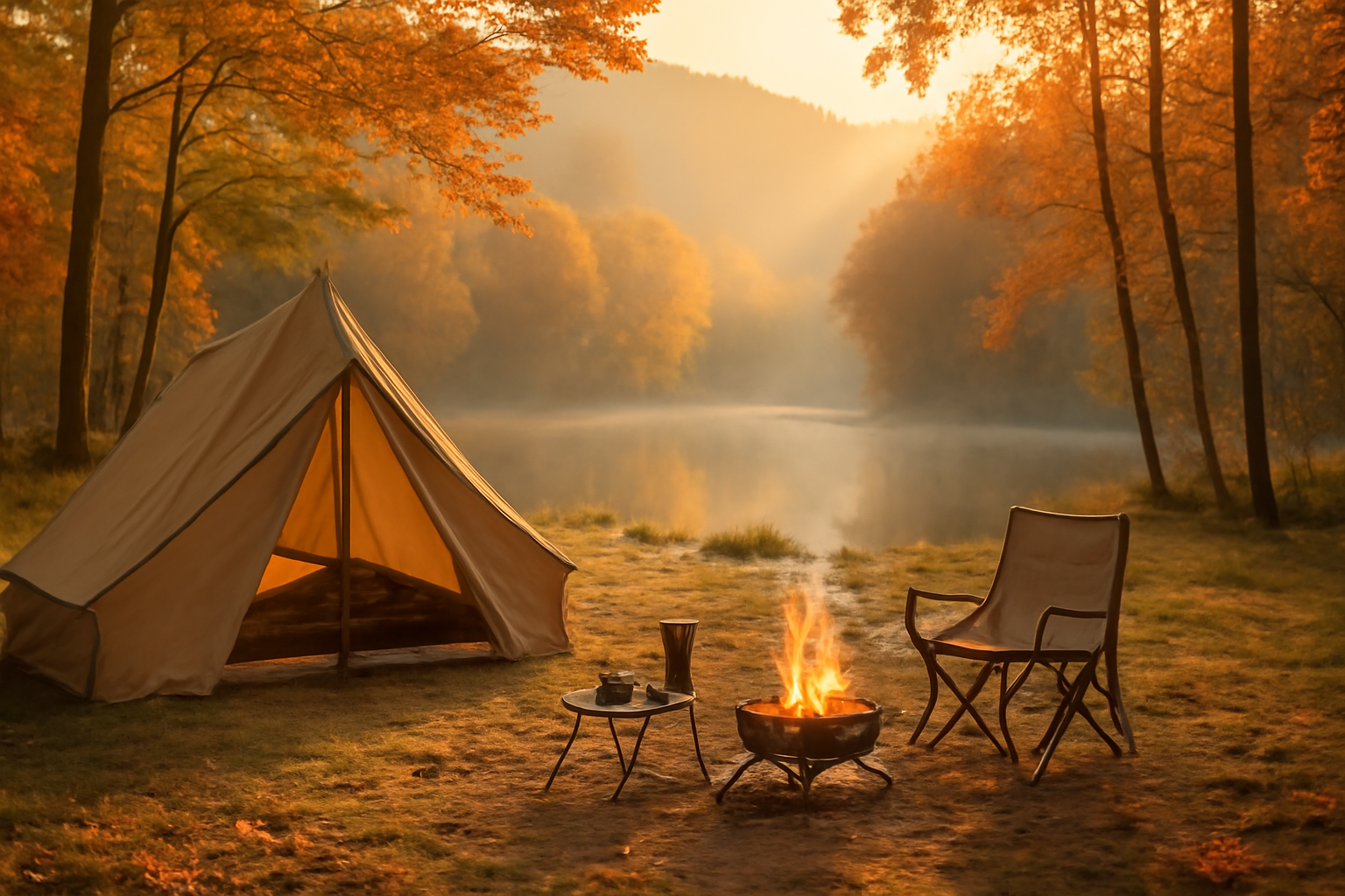 東白川クローチェの朝のサイト、穏やかな光と焚き火の風景が写る温かい写真を想像してください。