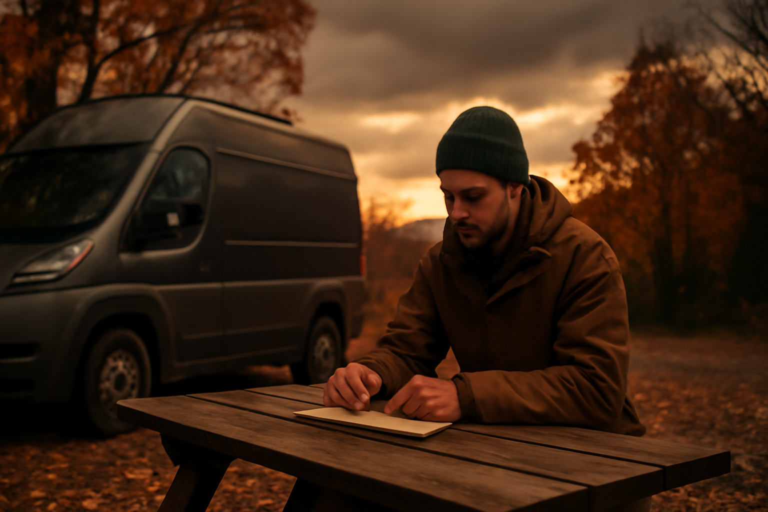 カーゴ 荒天時は無理せず代替案を考え、安全第一で行動することを示す秋の夕暮れに準備を整えるキャンパーの風景。