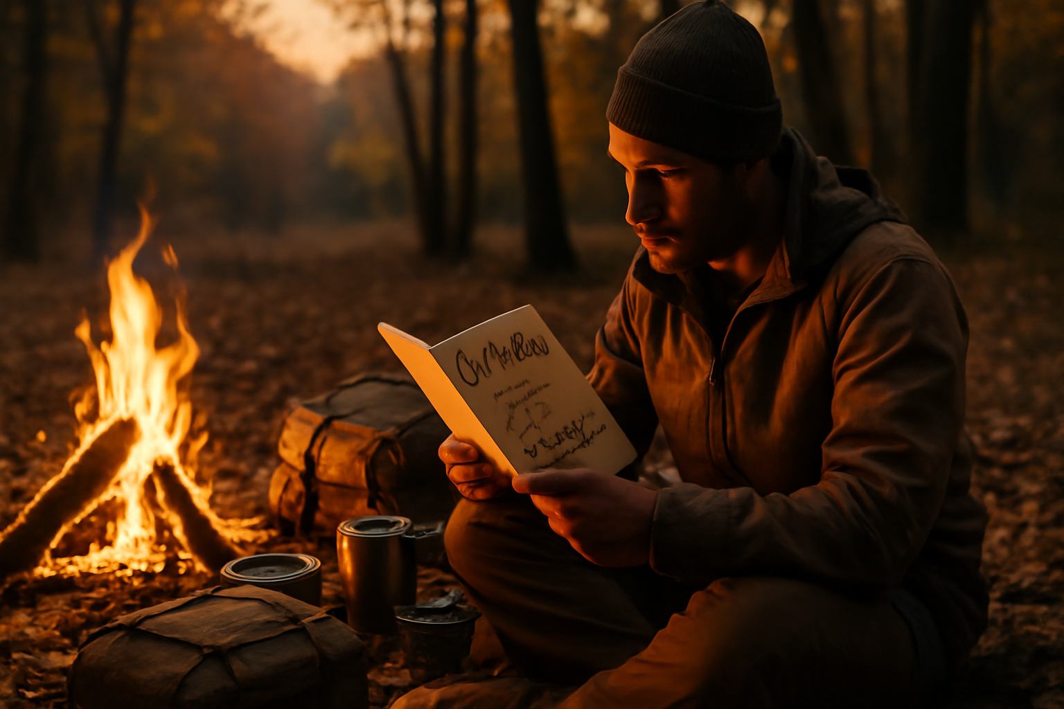 NOYAMAの購入ガイドを読んで準備するキャンパー、秋の夕暮れに焚き火そばで準備する様子