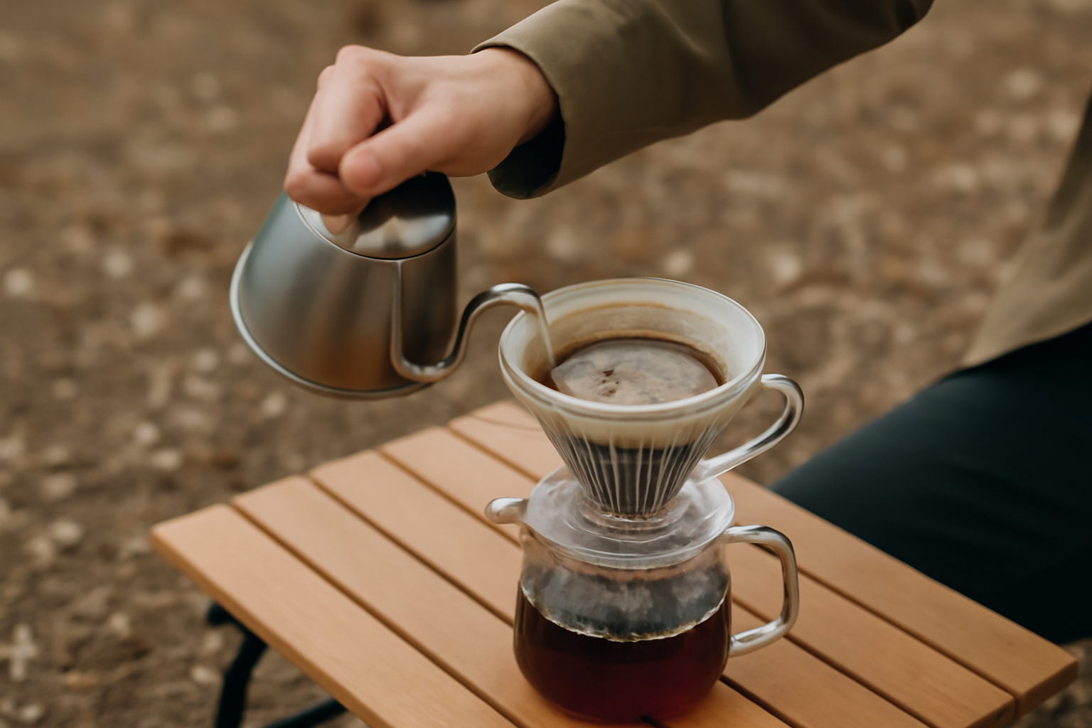 セリアテーブルでコーヒーを淹れる手元のクローズアップ写真