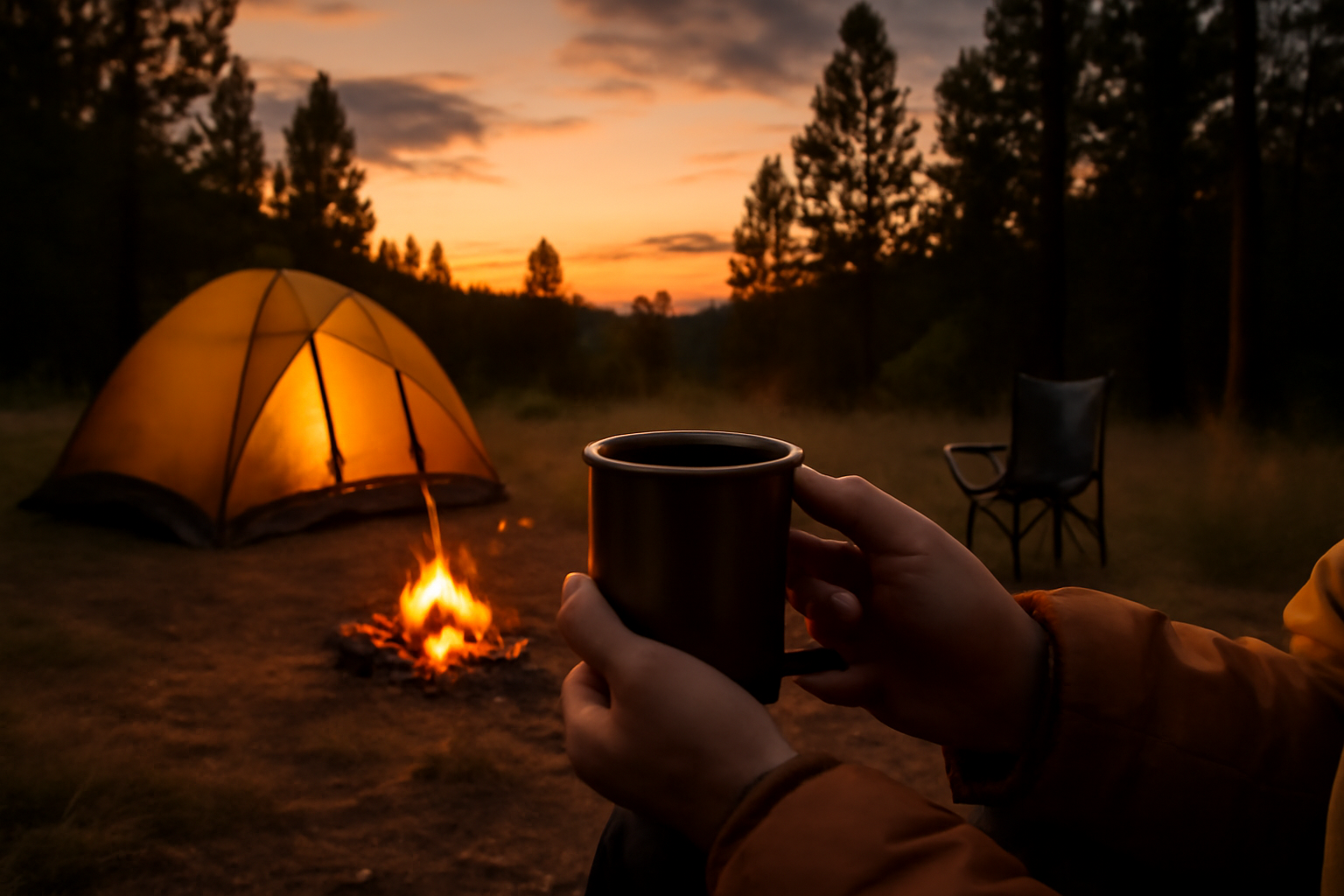 Pixel10で温かい飲み物を手に一息つく夕暮れのキャンプ風景。安全第一の行動を後押しする情景