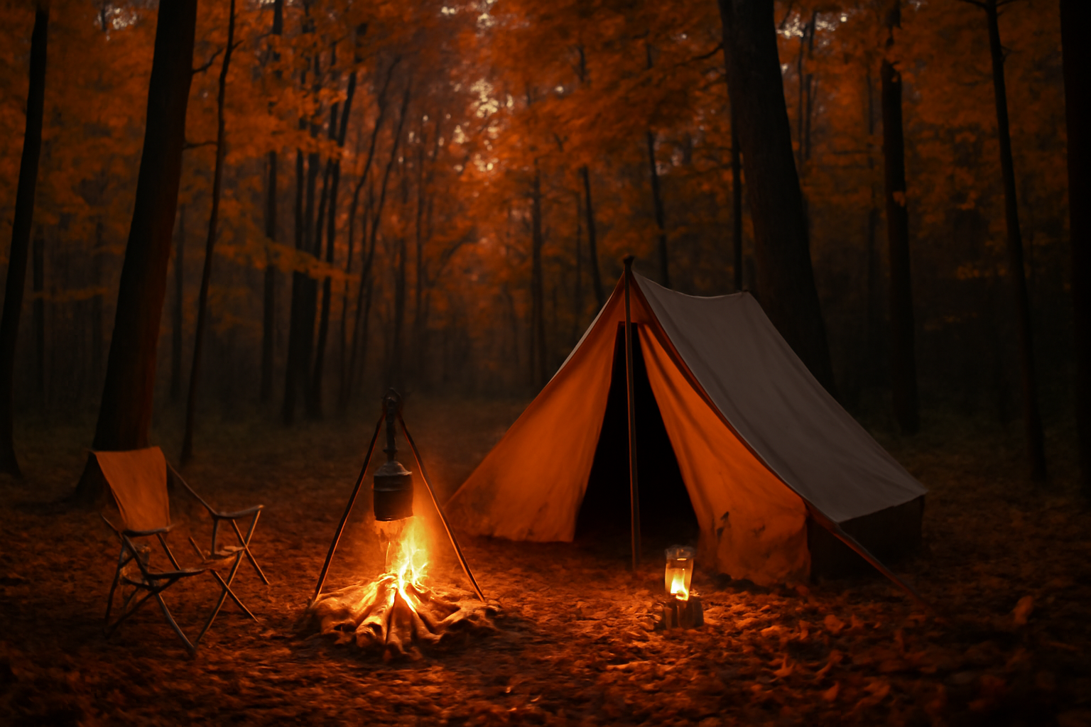 キャンプ 三笠で学んだ防災と森林の大切さを優しく後押しするイメージ（夕暮れの森、穏やかな光）