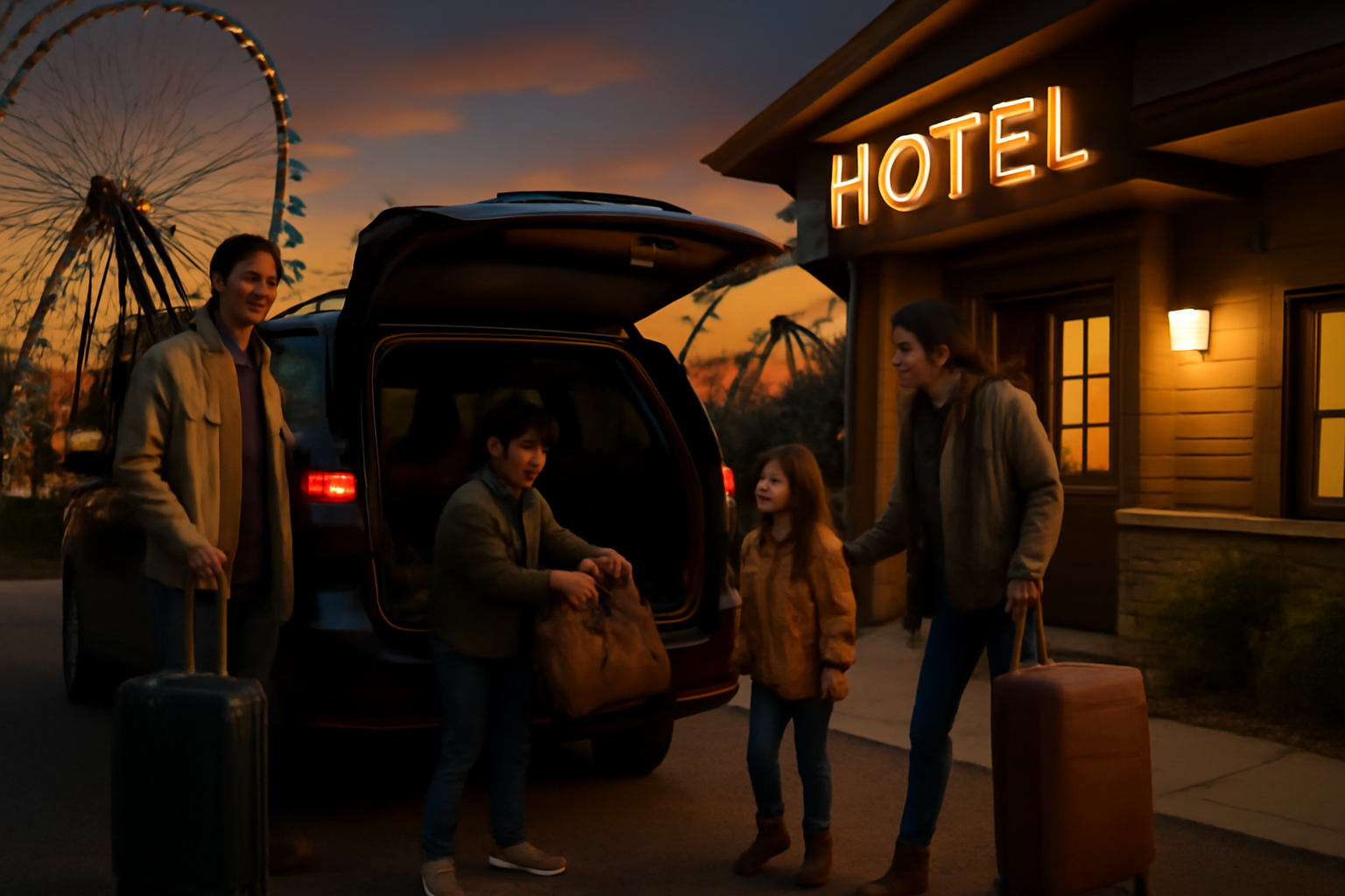 遊園地宿 秋の夕方、家族が荷物をまとめて出発する様子。遊園地宿の便利さと安心感を表現。
