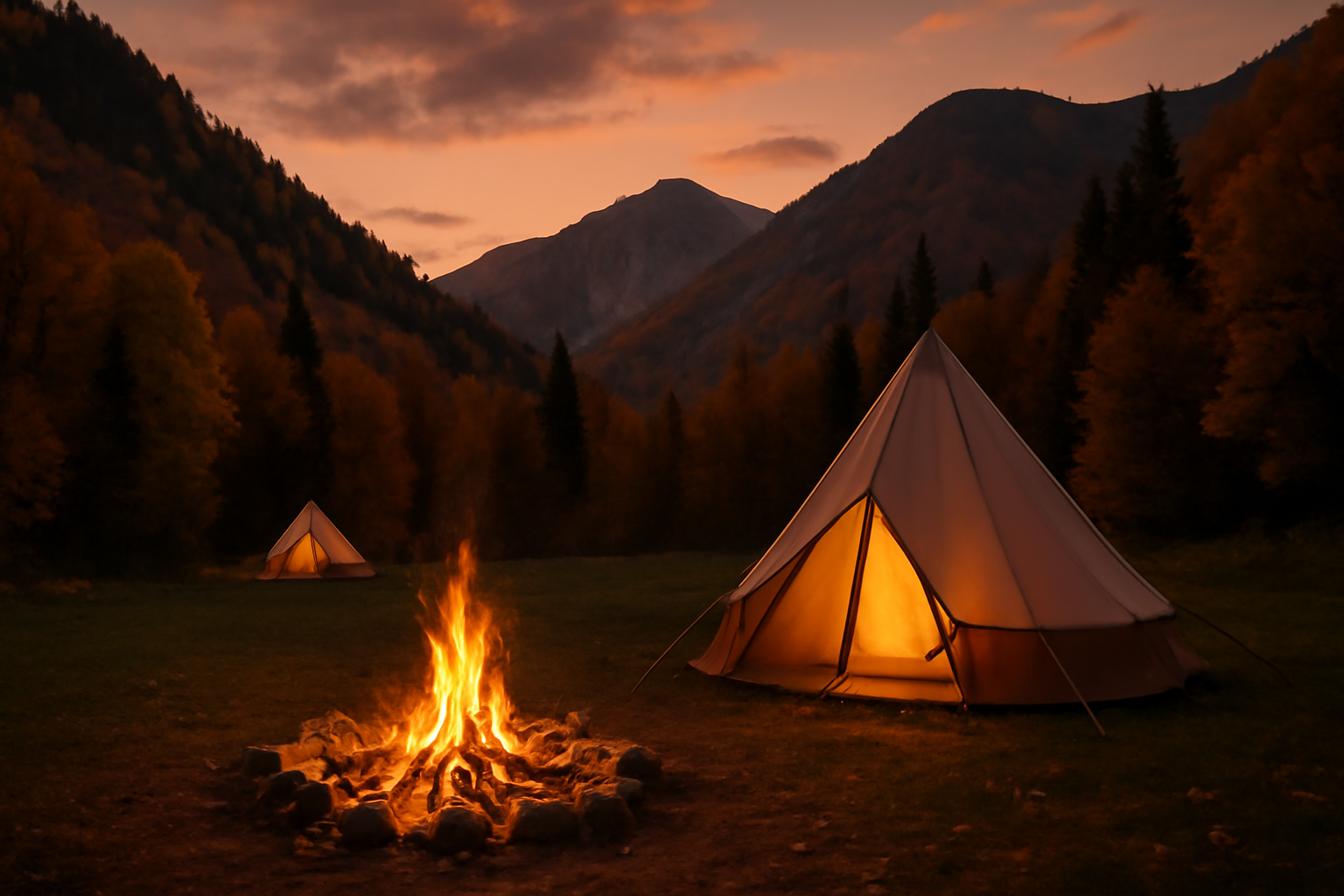 キャンプ 雨や遅延が心配なら温泉やコテージへ切替える提案を視覚化した夕暮れのキャンプ場風景