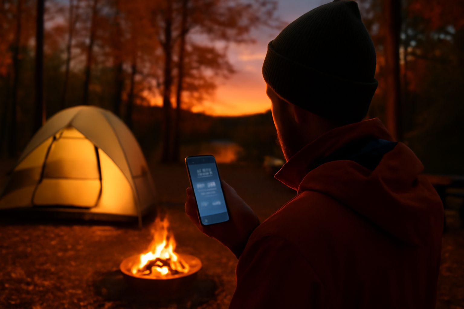 Pixel10で出発前に天気を確認する様子、秋暮れのキャンプ場でスマホを確認するシーン