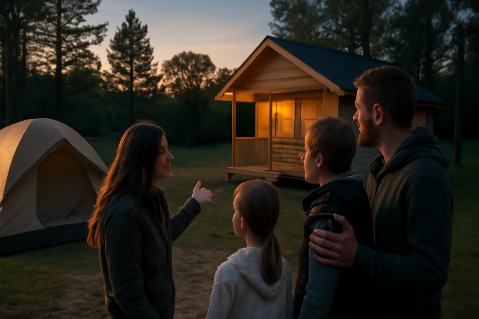 プレミアム 代替案としてのコテージ利用を示す夕暮れのキャンプ場。家族が安心して代替案を検討する様子を表現。