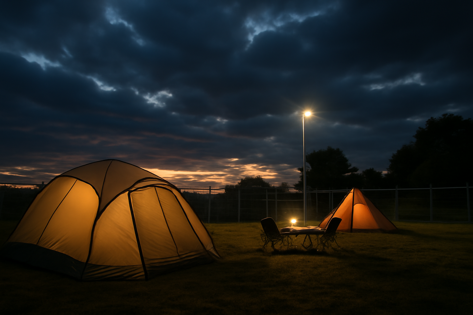 キャンプ 夜間は荒天時は無理せず代替プランを選ぶことが大切だと示す穏やかな夕暮れのサイト写真