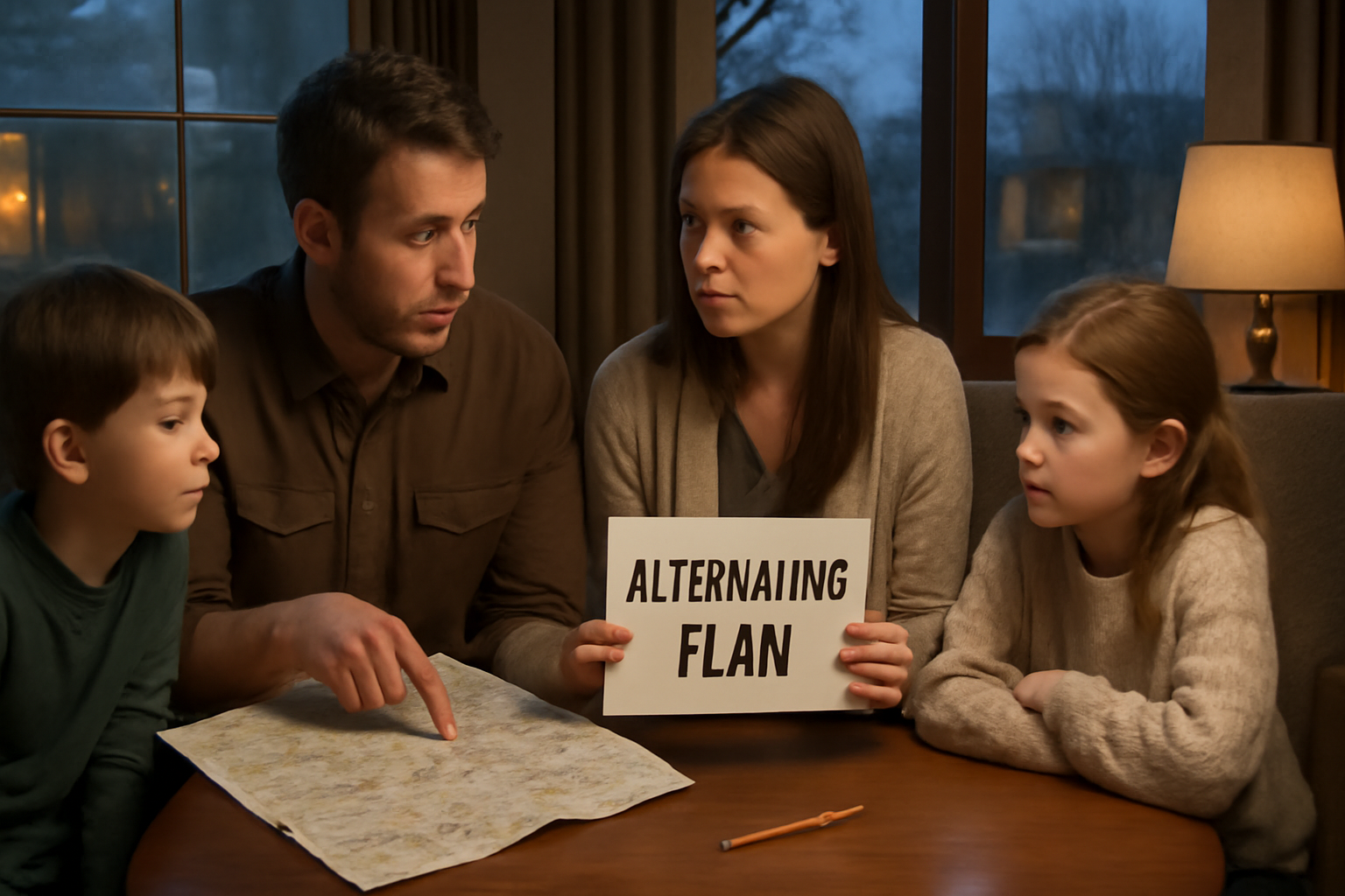 だんパラ 荒天時は代替プランを検討する家族の写真、夕方の雨模様で屋内に切替える様子を表現しています。
