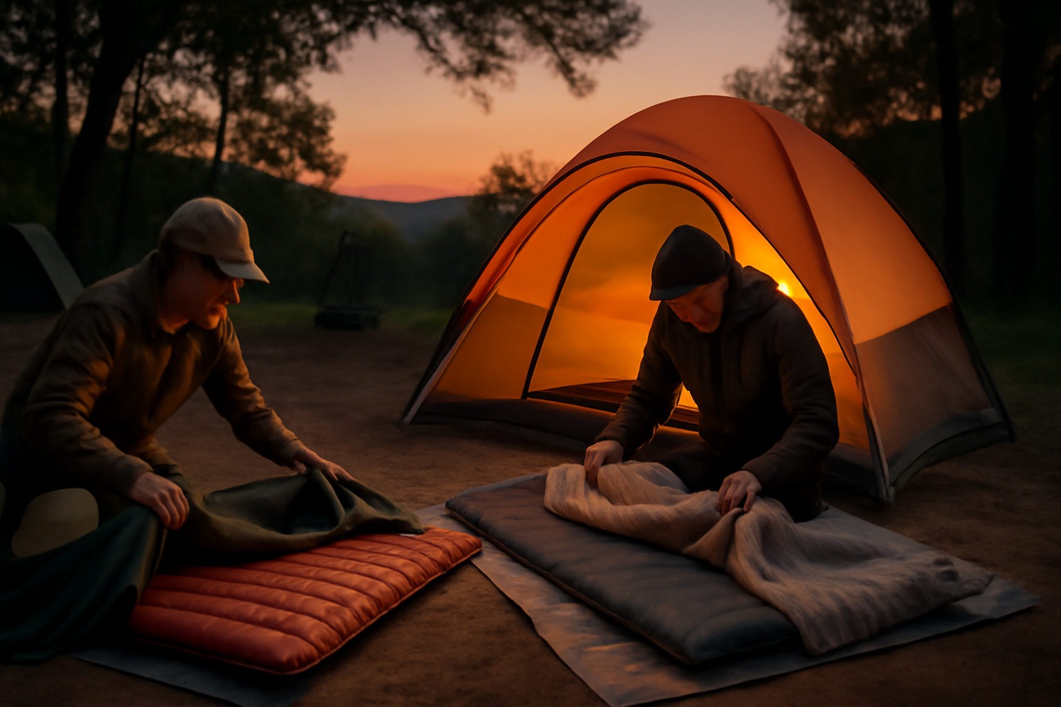 エアマット：夜のキャンプで断熱シートや毛布と組み合わせて快適に眠る準備をする様子