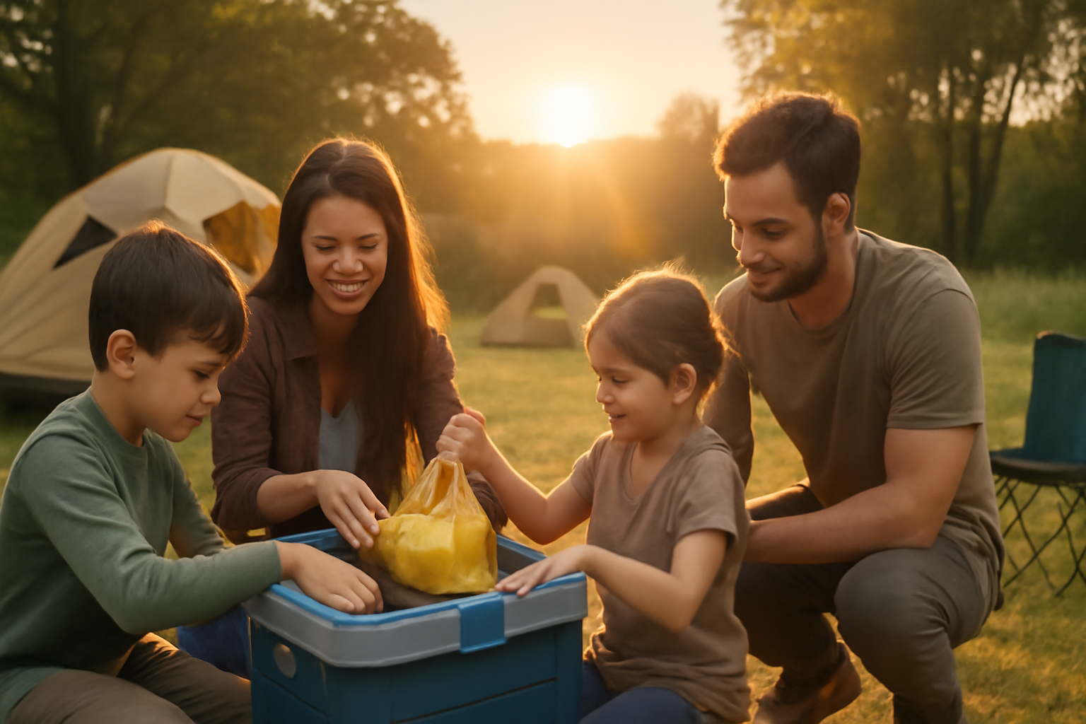 キャンプ用品 週末の朝、家族が30リットル折りたたみコンテナに食材を詰める風景で次の行動を優しく後押しするイメージです