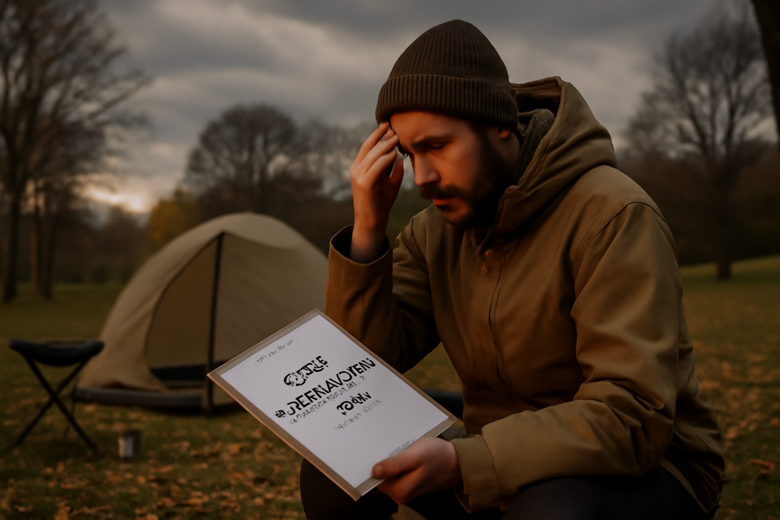 ソロキャンプ 荒天時は代替案を選ぶ判断を促すシーン。秋の夕暮れ、曇り空の公園で代替案を検討するイメージ