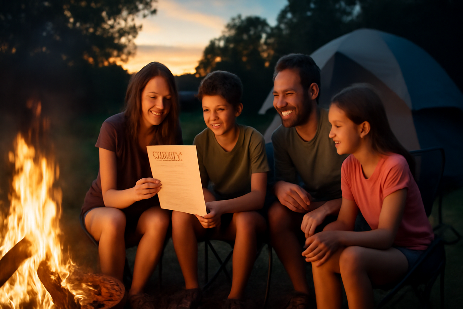 家族キャンプ 夜の焚き火前で持ち物チェックリストを確認する様子。安心感と準備の余裕が伝わる場面。