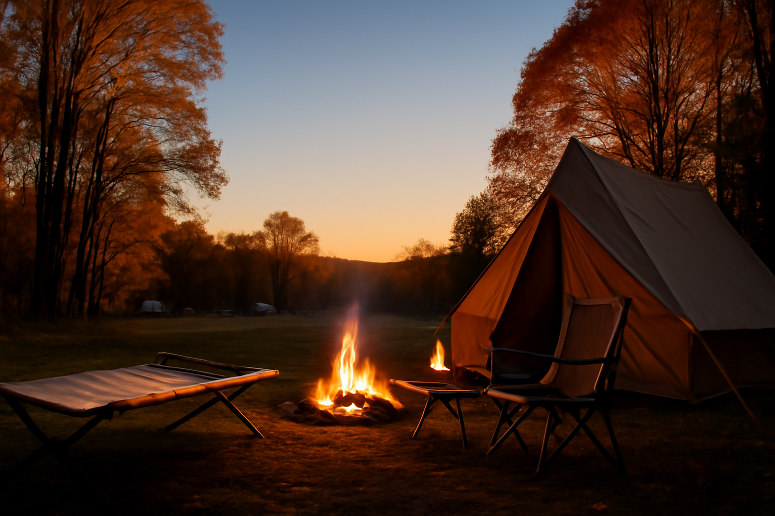 ワイドコット 夕暮れのキャンプ場でゆったりと寛ぐ様子、次の行動を優しく後押しする情景