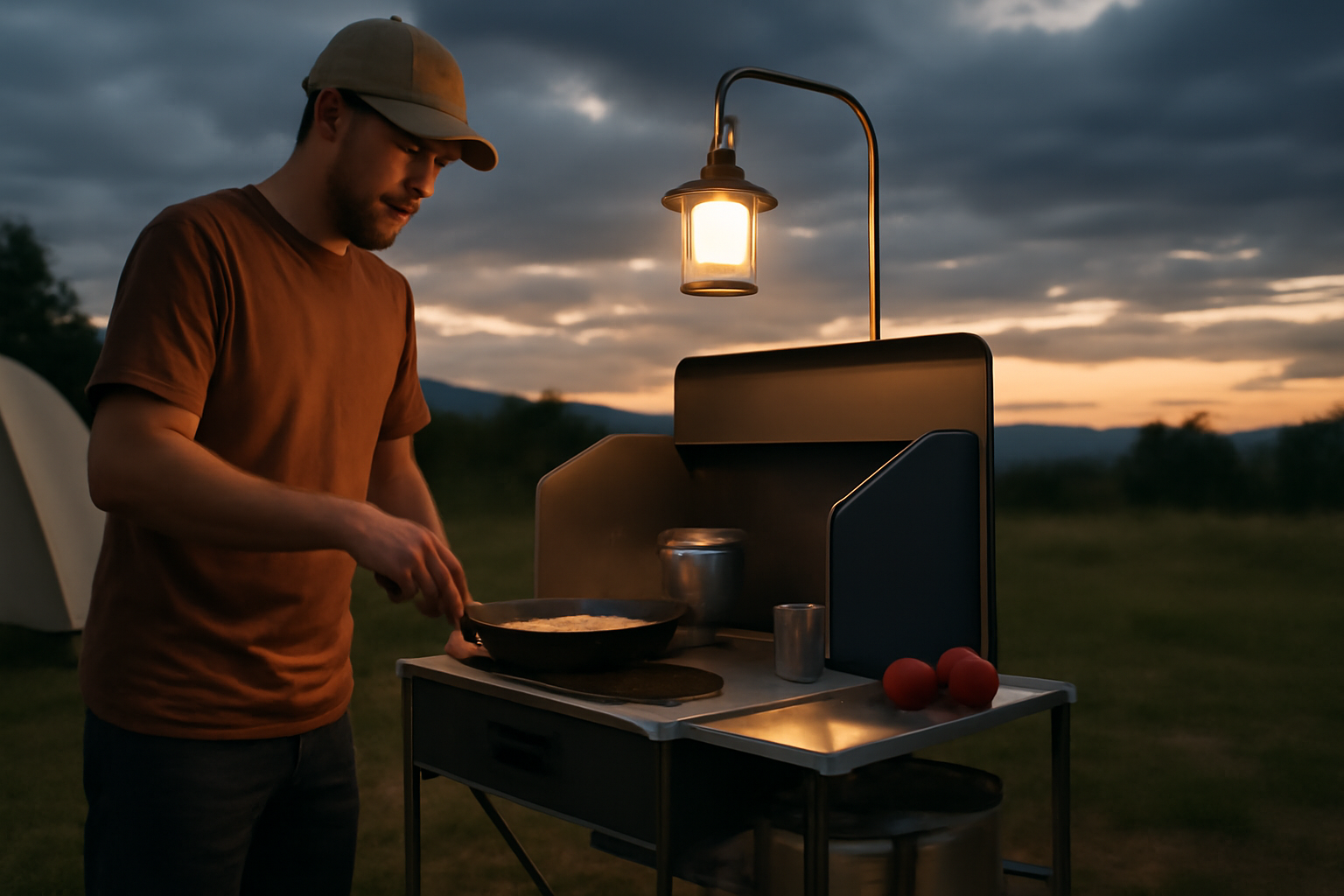 キャンプ用品 ポータブルキッチンを使って夕方のキャンプで調理する様子