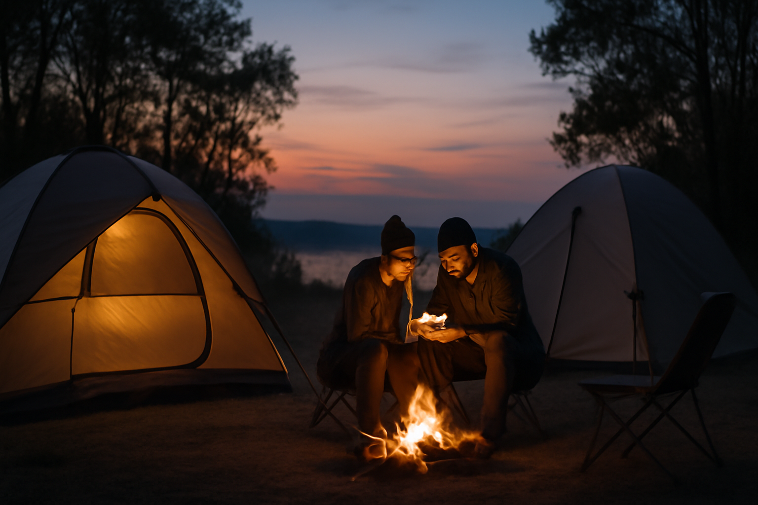 キャンプ用品:荒天時は無理せず計画を見直す様子を示す夕暮れのサイトの写真、穏やかな光