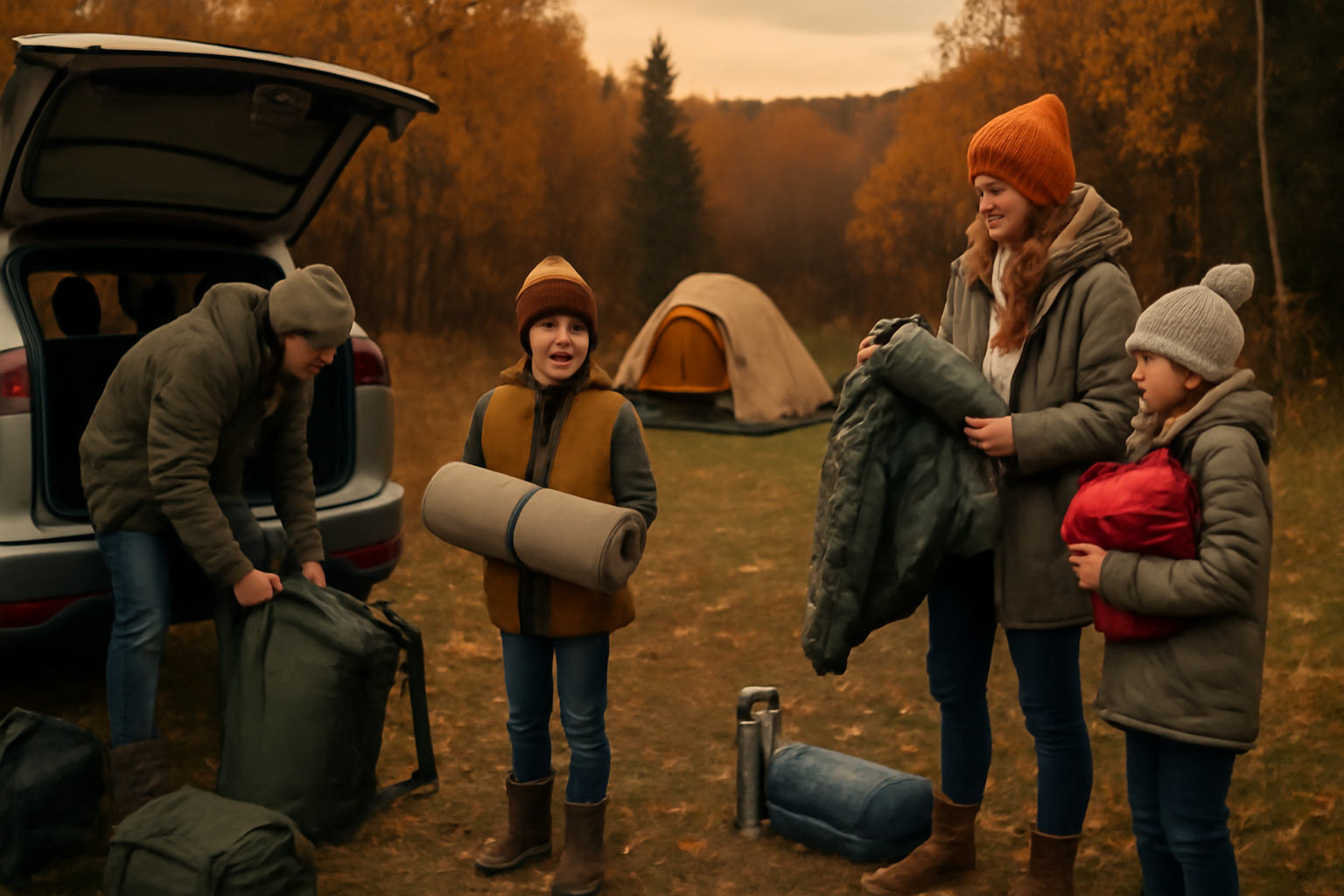 月形陶芸:秋のキャンプを前に安全対策を整える様子、荷物の整理と予備防寒具を持つ参加者たちの情景。