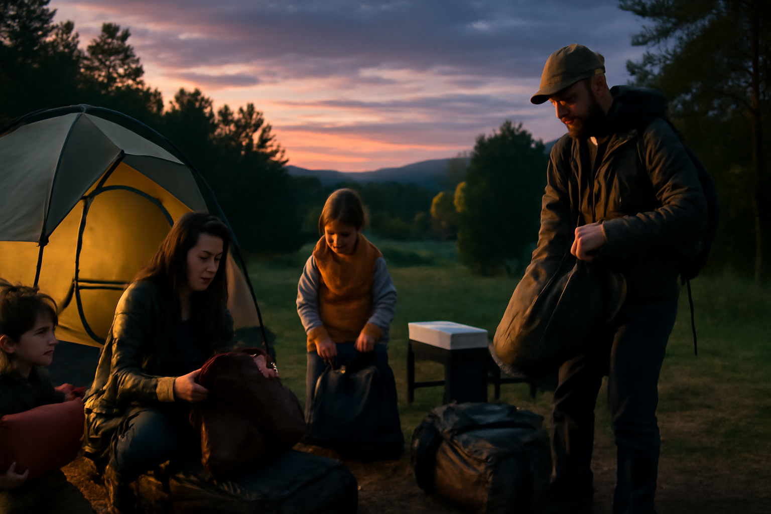 テント 夕暮れのキャンプ場で家族が装備を片付ける様子、ワイドで薄暮の柔らかい光が差す