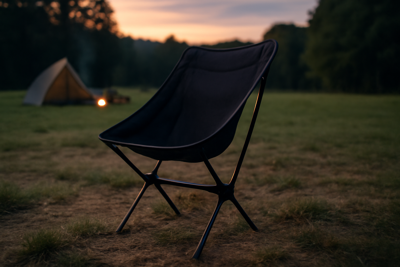 チェア キャンプ場で使えるコンパクトチェアの夕暮れ時の写真。小型で収納しやすい様子を示す