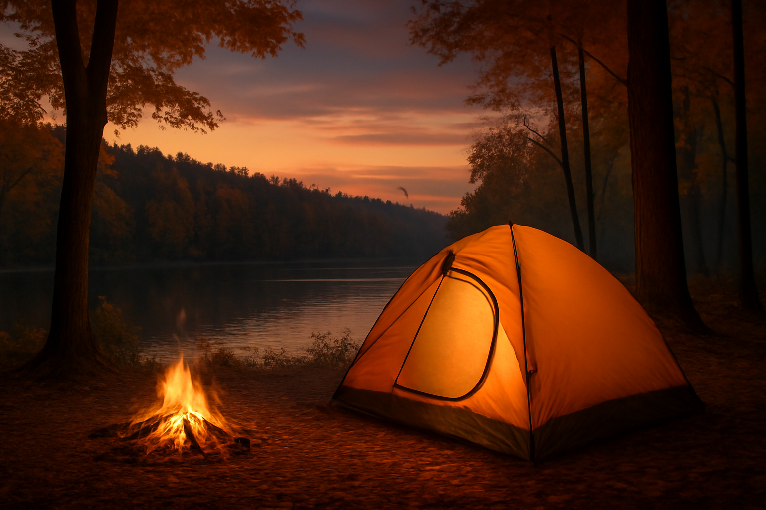テントの昼間の暑さや荒天時は無理せず撤退や計画変更する判断を示す秋の夕暮れのキャンプ風景を表現した代替テキスト。