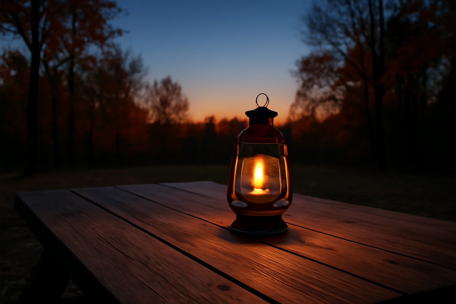 ランタン テーブルに置かれたミニマライトが夕暮れの屋外でやさしい光を放ち、落ち着いた雰囲気を作る様子