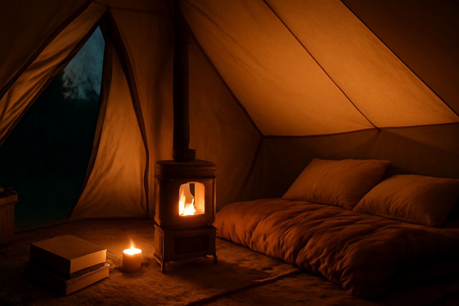 FELSEN 冬の夜、暖房でくつろぐ室内の様子。前室とメインスペースを使ったおこもりキャンプのイメージ。