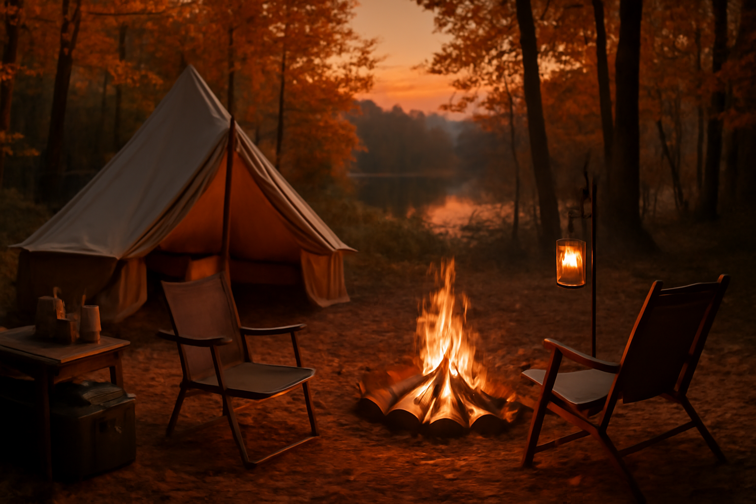 キャンプ用品 夕暮れのサイトで焚き火とゆったりした装備が並ぶ様子を捉えた温かい写真、秋の静けさを感じる一枚