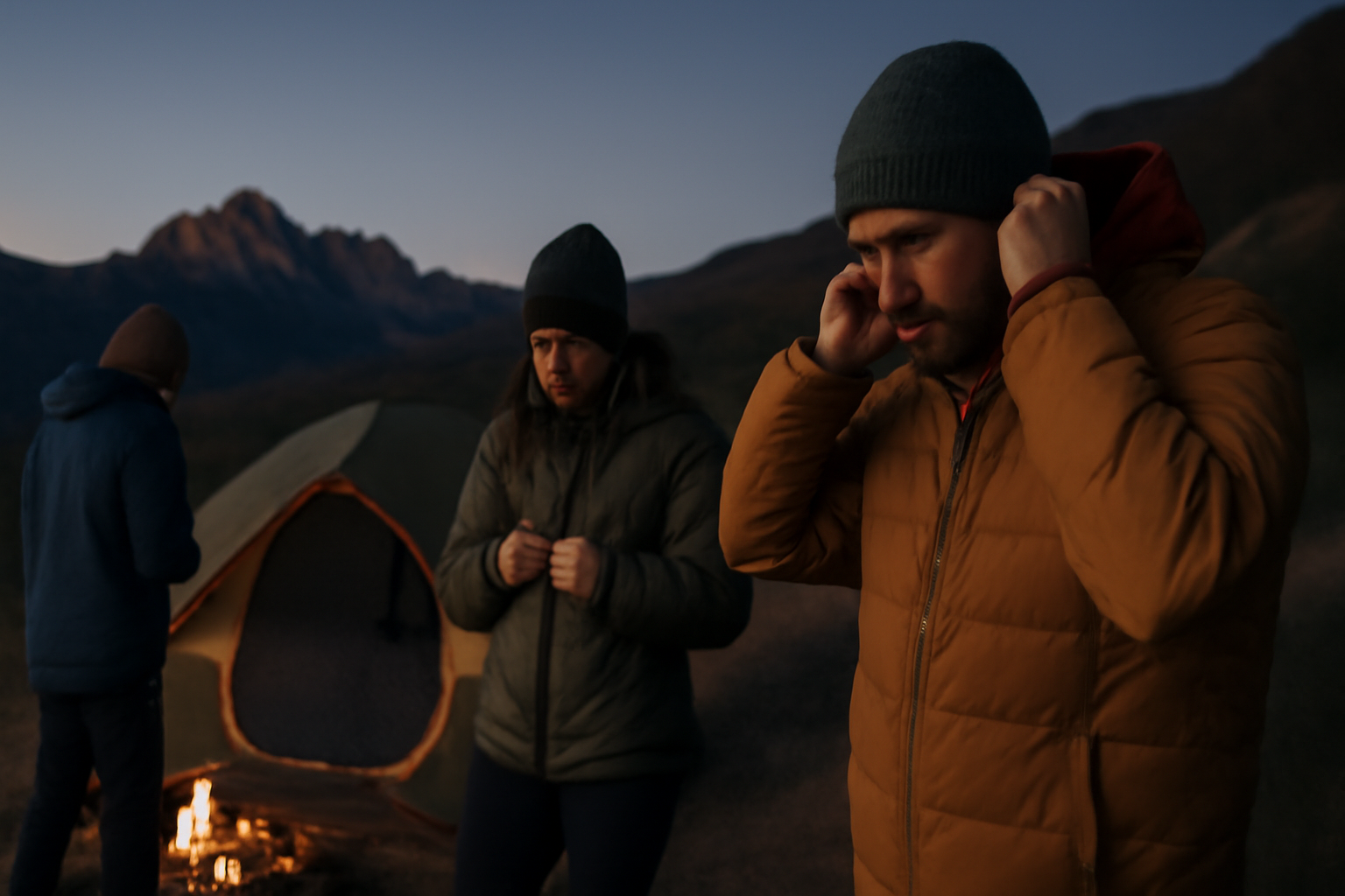 キャンプライド:夕暮れの山で防寒具を整える様子、次の行動に備える温かい雰囲気を表現