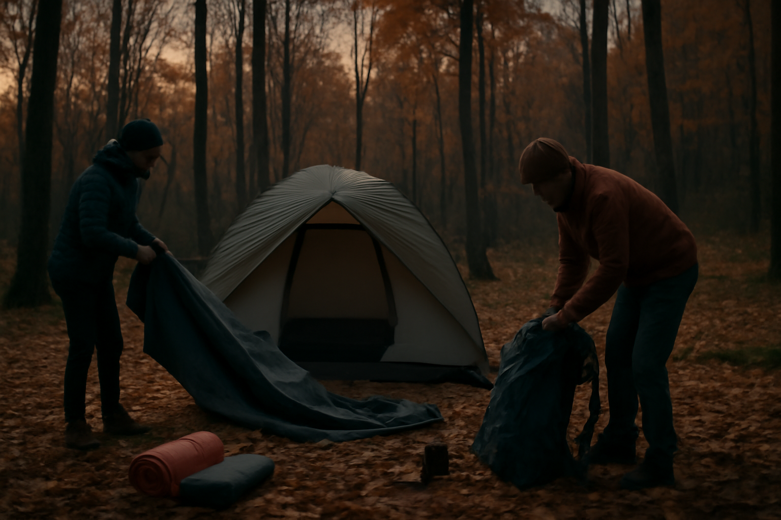 テント 夜の撤収前に乾かす準備をする風景。撤収と安全を想起させる場面描写