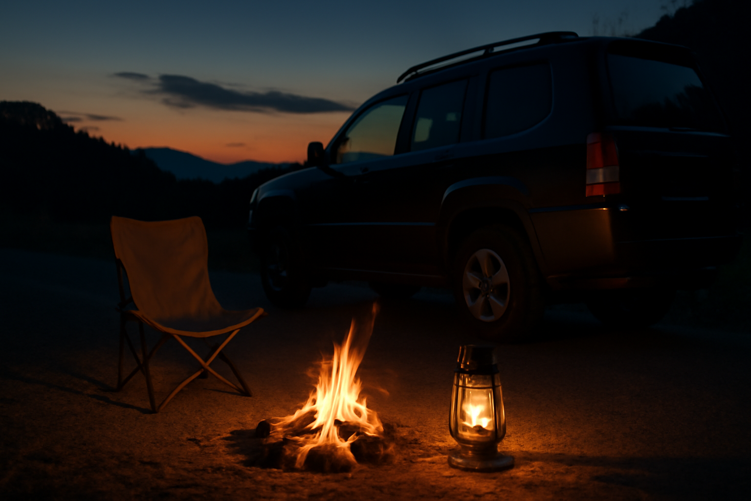 ヒロシ車 夜の短時間キャンプでランタンを囲む様子。安全に配慮した準備のイメージ写真。