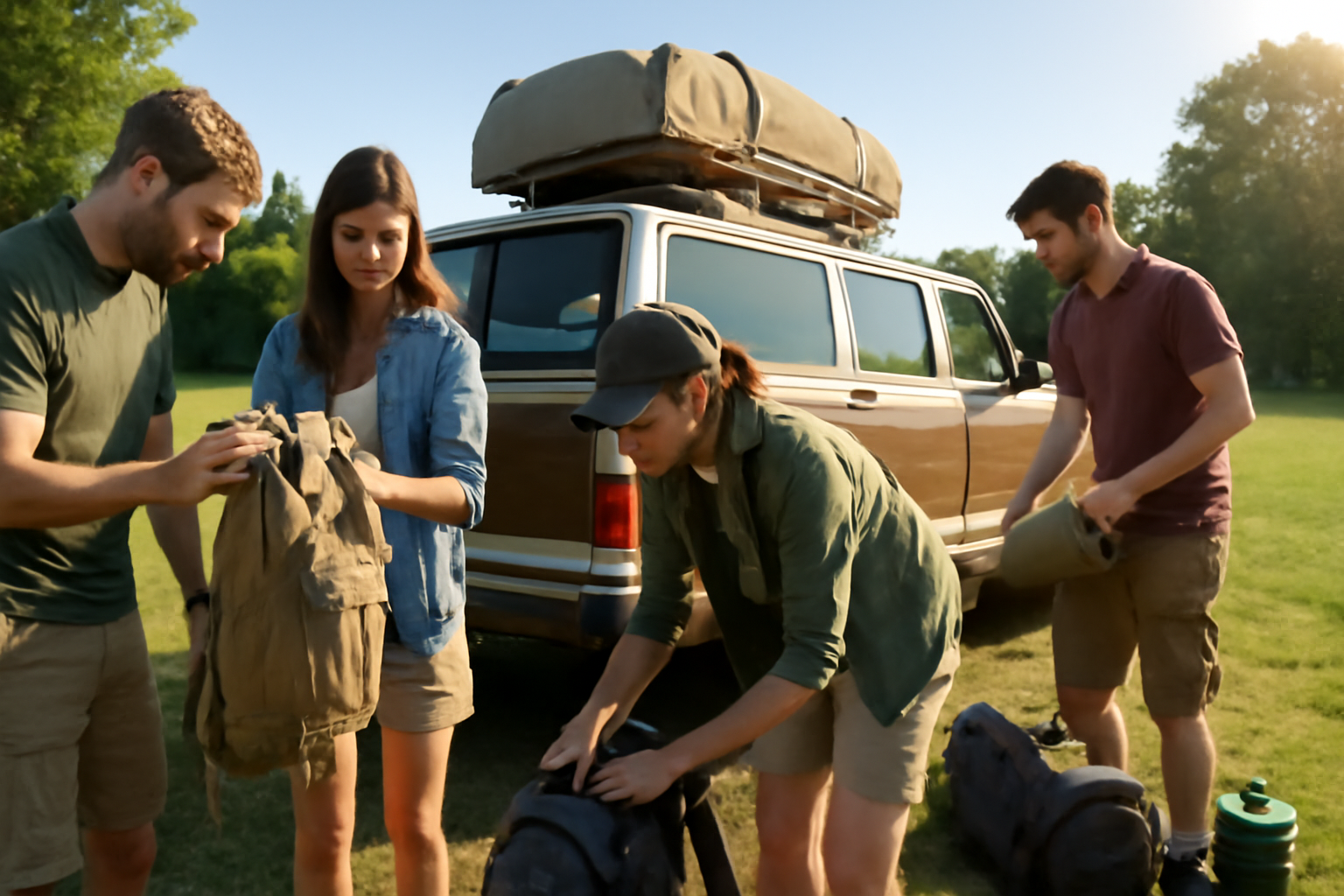 キャンプ 朝に出発前の最終チェックをする様子。装備を確認して安全な週末キャンプを楽しむ準備風景。