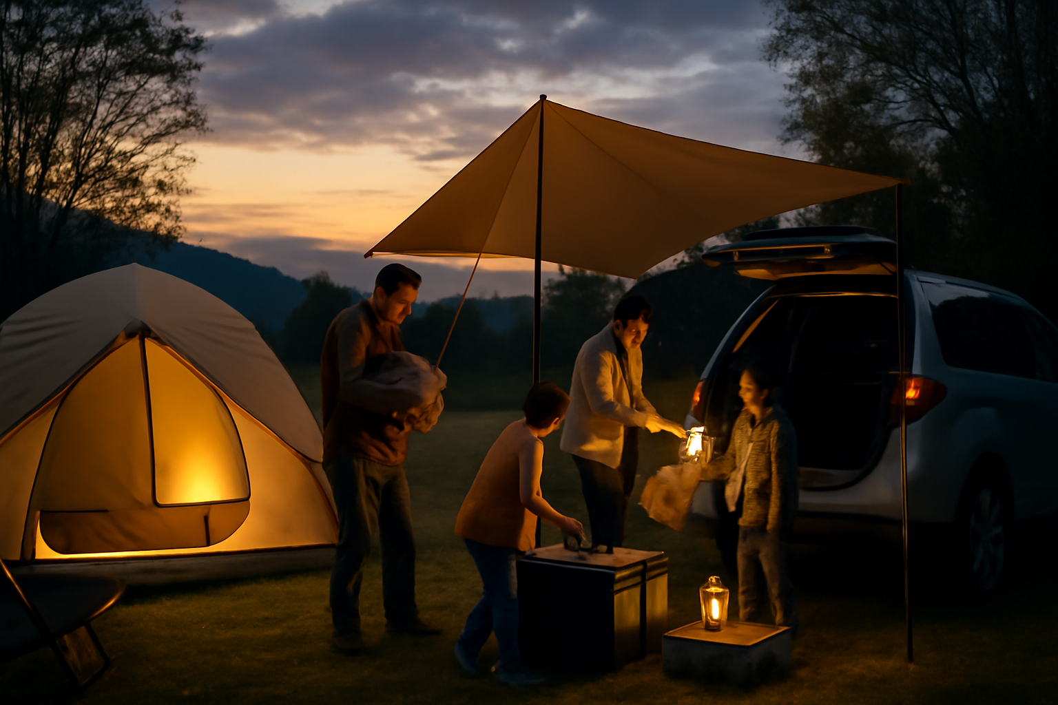 キャンプ まずは日帰りで手軽に試す様子を示した夕暮れのサイト、準備と安心感が伝わる画像説明文