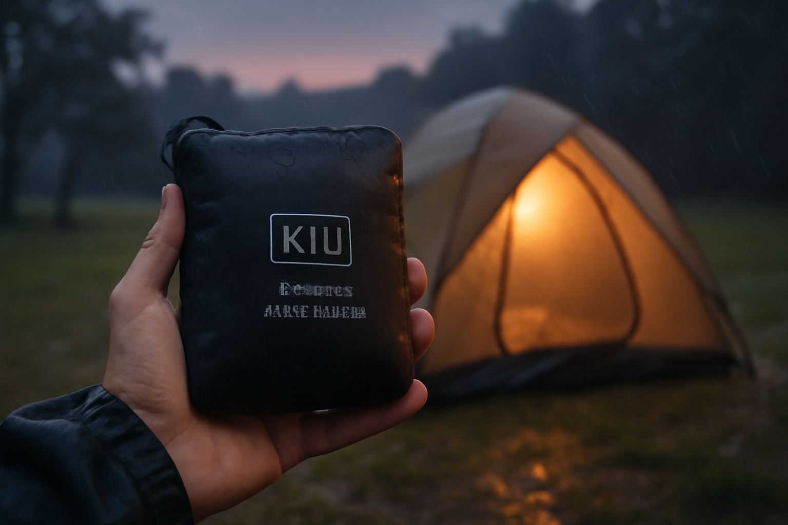 KiU 雨具で夜のキャンプ場を安心にする場面、コンパクトに収納されたポンチョを示す画像
