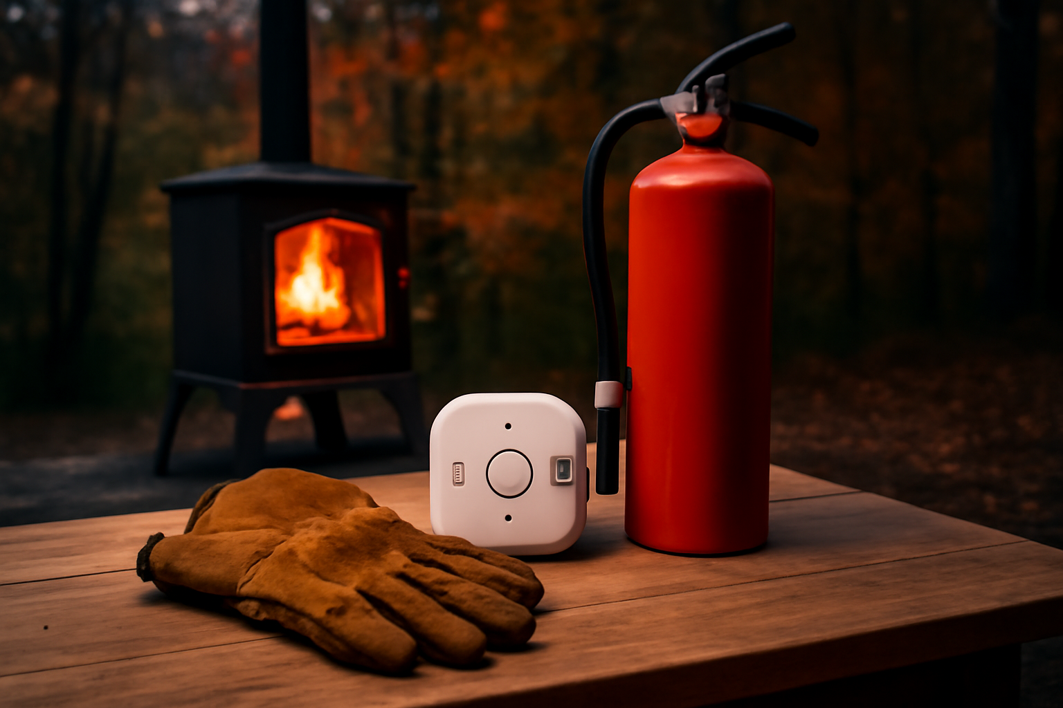 薪ストーブ 夜の安全準備、消火器やCO警報器、耐熱手袋を並べた準備風景