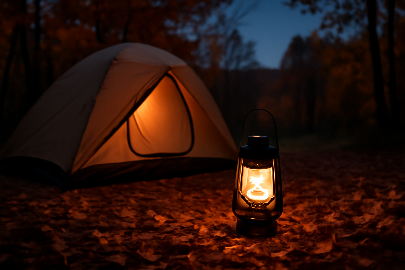 リモコンランタン リモコンランタンPROを秋のキャンプサイトでテント横に置いた夜景写真。保温した場面を想起させる描写。