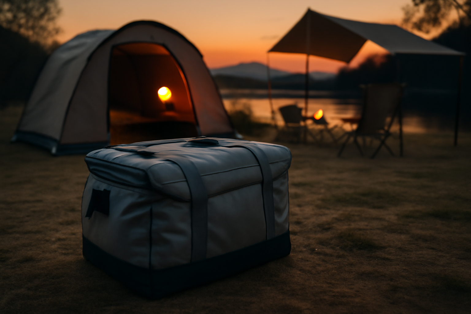 キャンプ用品 折りたたみソフトクーラーを夕暮れのサイト前に置いた風景。撤収前の穏やかな一場面を表現しています