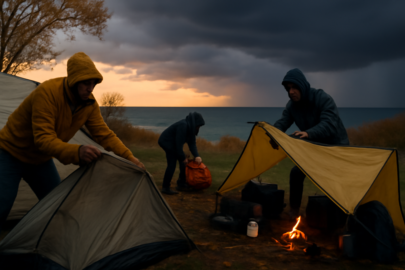 キャンプ用品 雨天時は無理せず撤収や屋内代替を選ぶ判断を促すイメージ。秋の夕暮れの海辺キャンプで安全行動を考える光景。