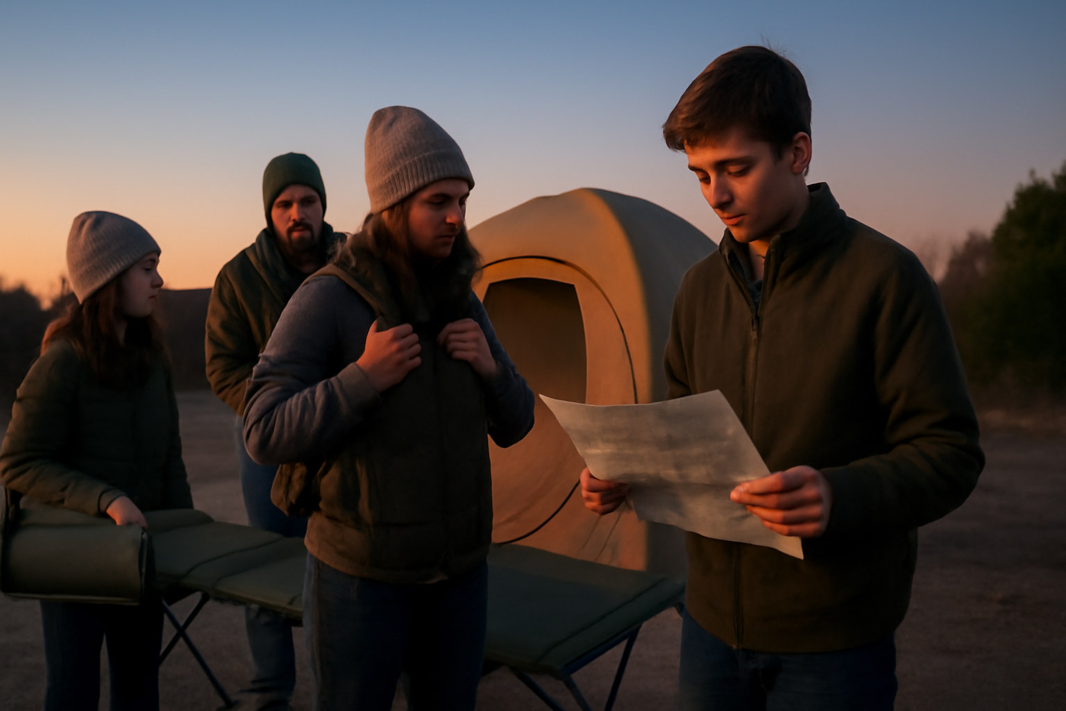 ワイドコットで荒天や混雑時の代替プランを用意する家族が夕暮れに出発準備をする様子