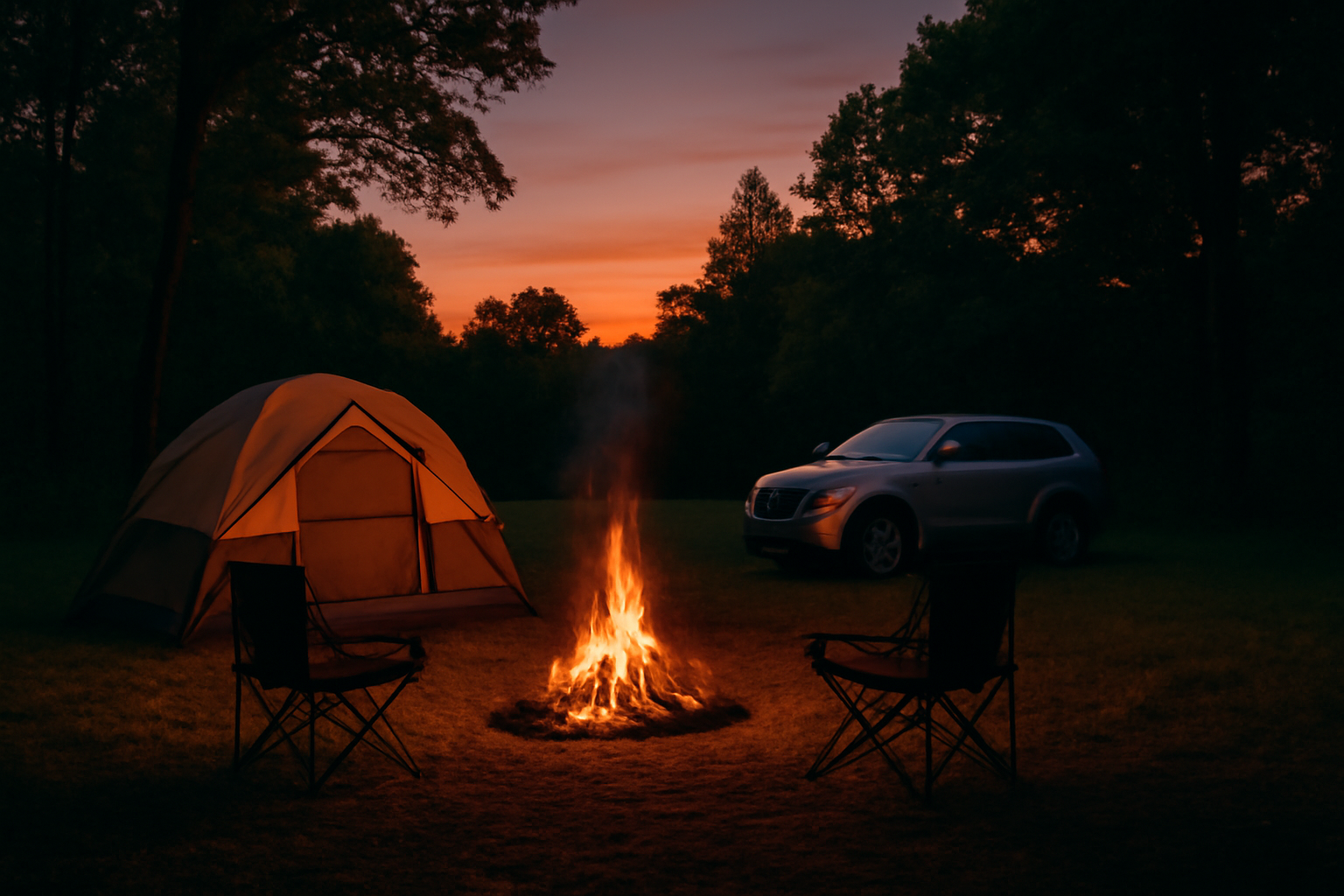 キャンプ 夜の安全のために撤収や避難を考える優しい案内のイメージ、夕暮れのサイトと車を含む