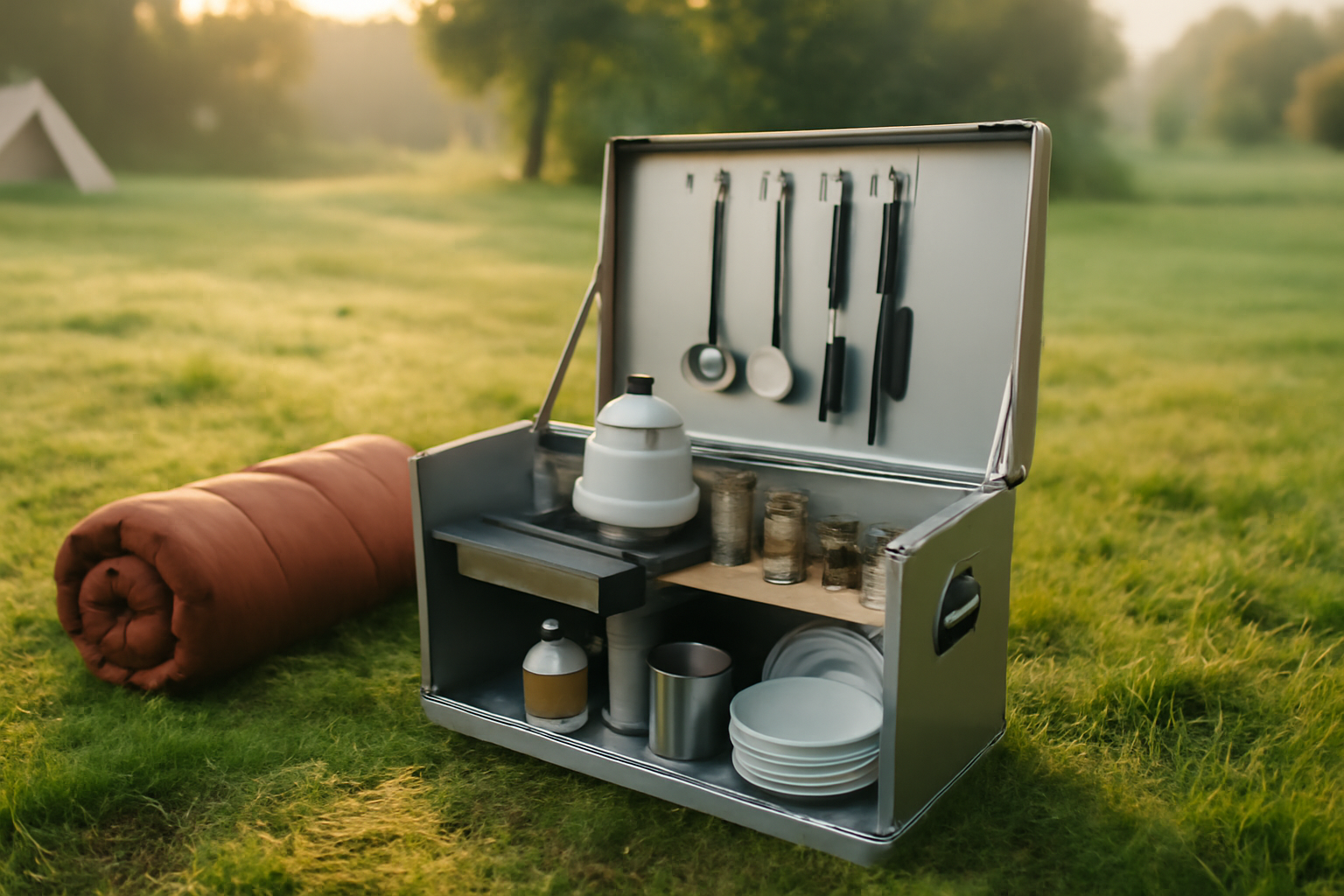 寝袋と一緒に使う携帯キッチンボックスが芝生のサイトに置かれた夏朝の風景。購入後の運用例を示す画像。