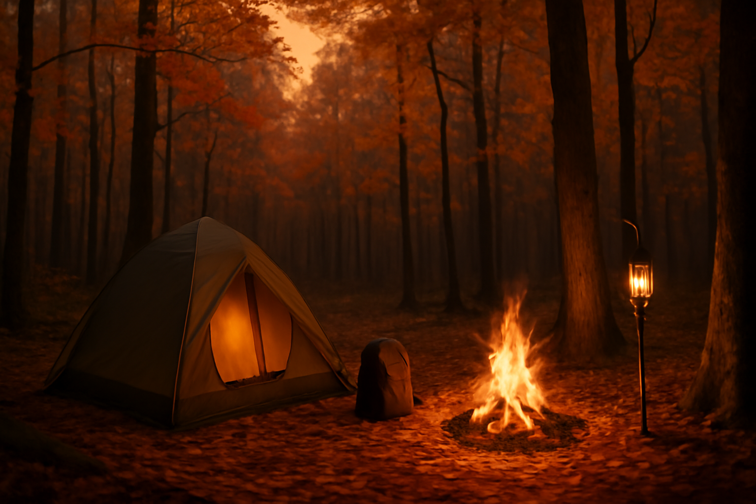 キャンプ：秋の森林で夕暮れにも安心できる準備と代替案を示すビジュアル
