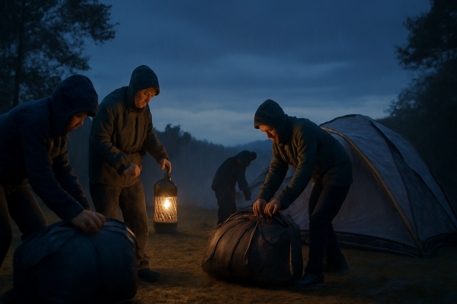 ランタンPRO 雨天時にプランBを用意しているキャンプ場で、撤収や荷作りを落ち着いて進める様子を写した画像