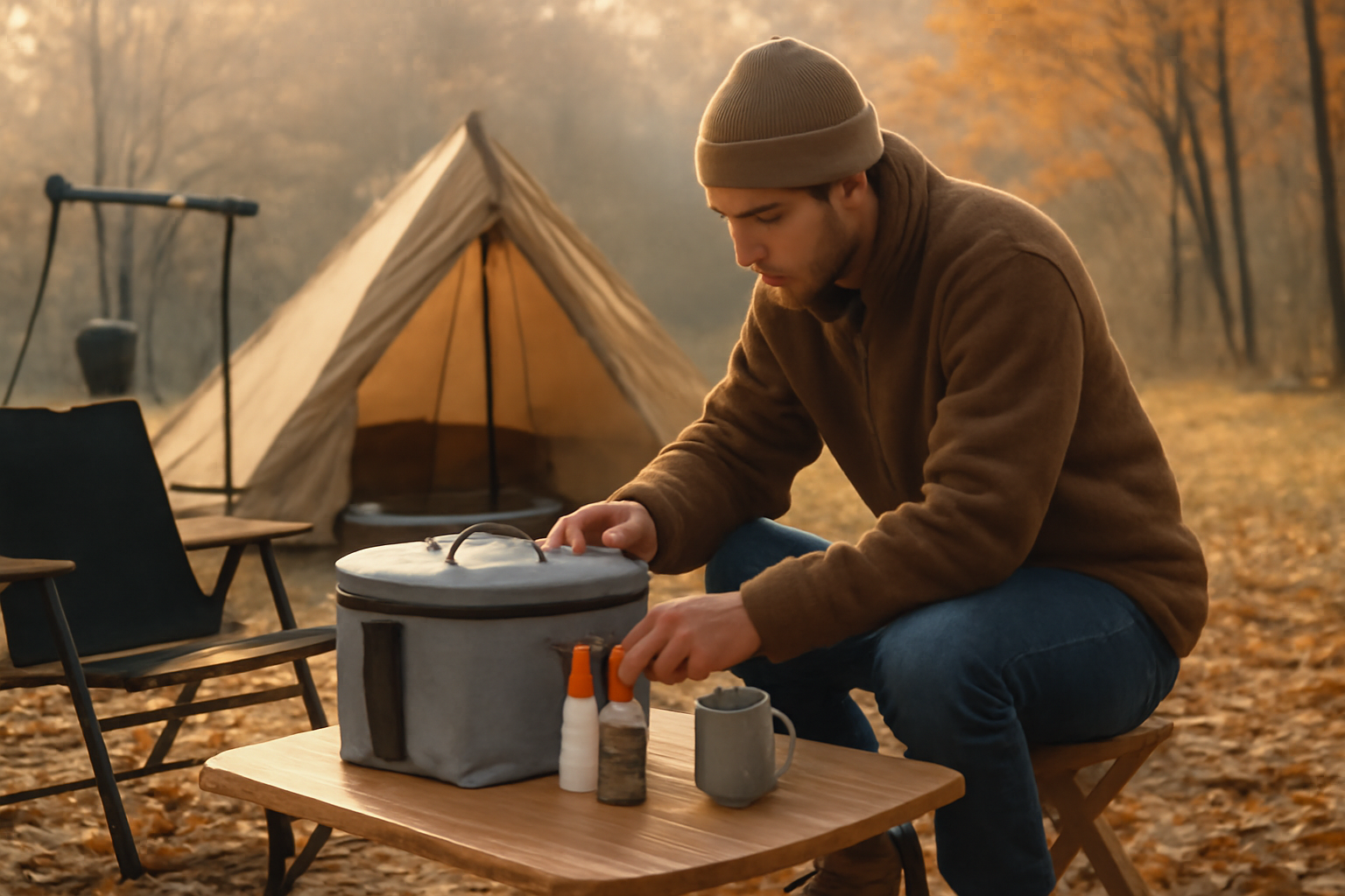 ハピキャン 朝の準備で保冷バッグや簡易調味料を手元に整える様子、快適で安全なキャンプの一コマ