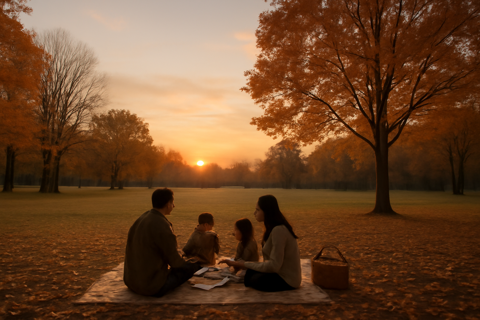 相模原で混雑を避けゆっくり過ごすための代替案を優しく後押しする風景、夕暮れの公園で家族が落ち着く様子