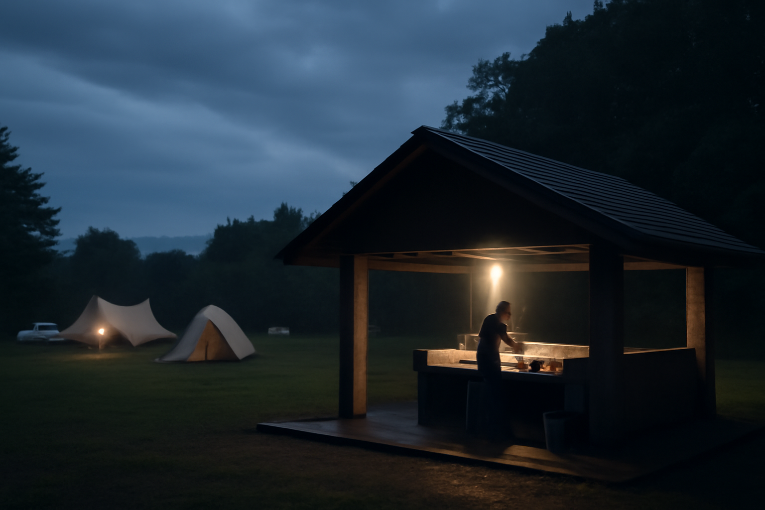 万能だれ キャンプでの切替案を示すイメージ。天候不安時に屋根のある炊事場で調理をする夜の落ち着いた場面を表現