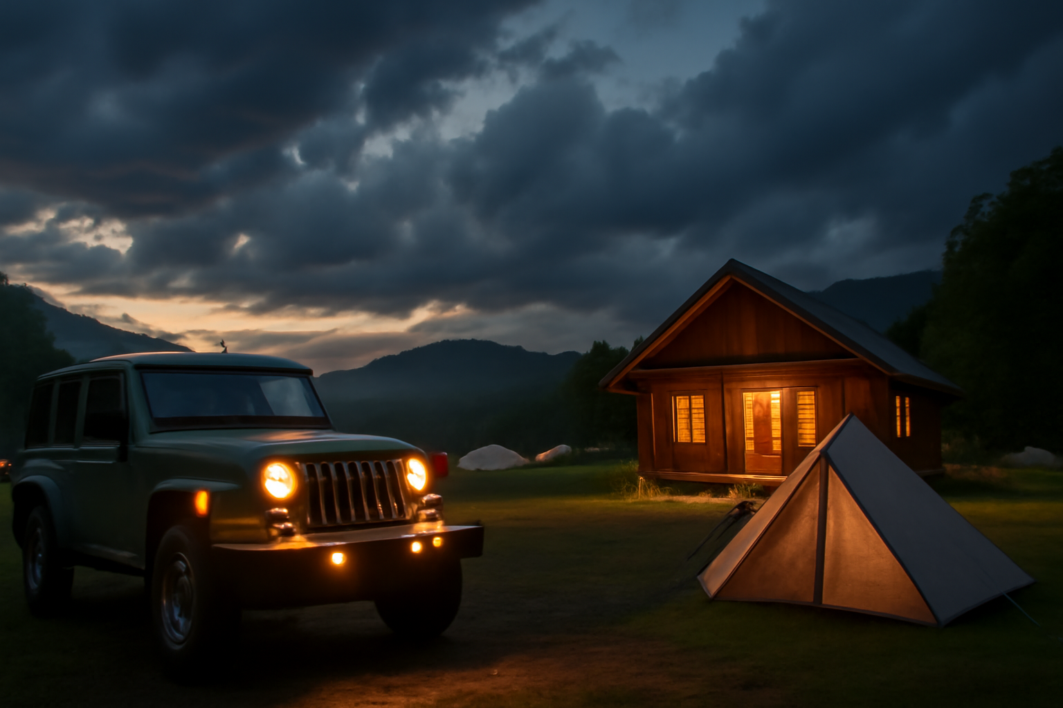 キャンプジープ 苗場の荒天時にコテージへ切り替えるイメージ。夕暮れの雨雲と暖かい灯り。